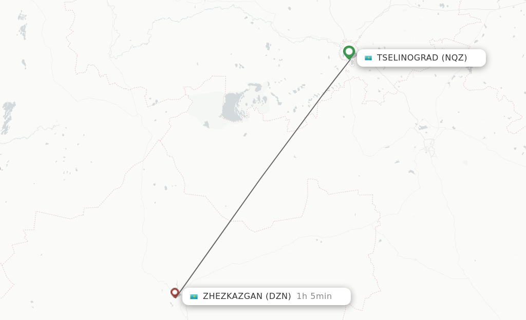 Flights from Astana to Zhezkazgan route map