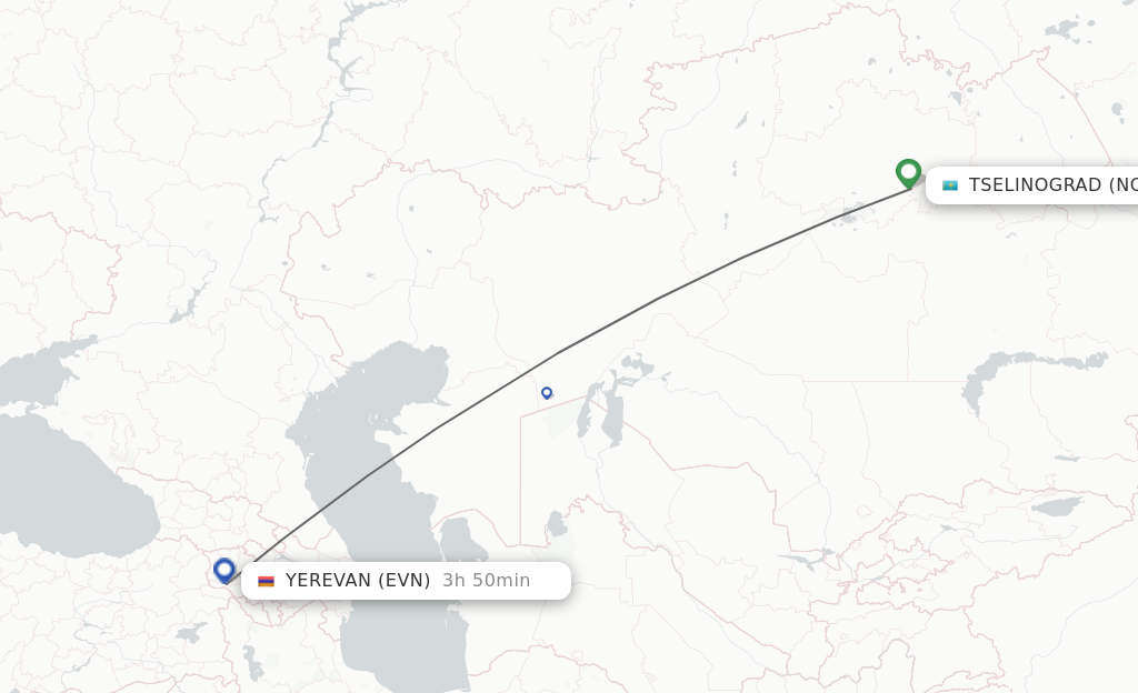 Flights from Astana to Yerevan route map