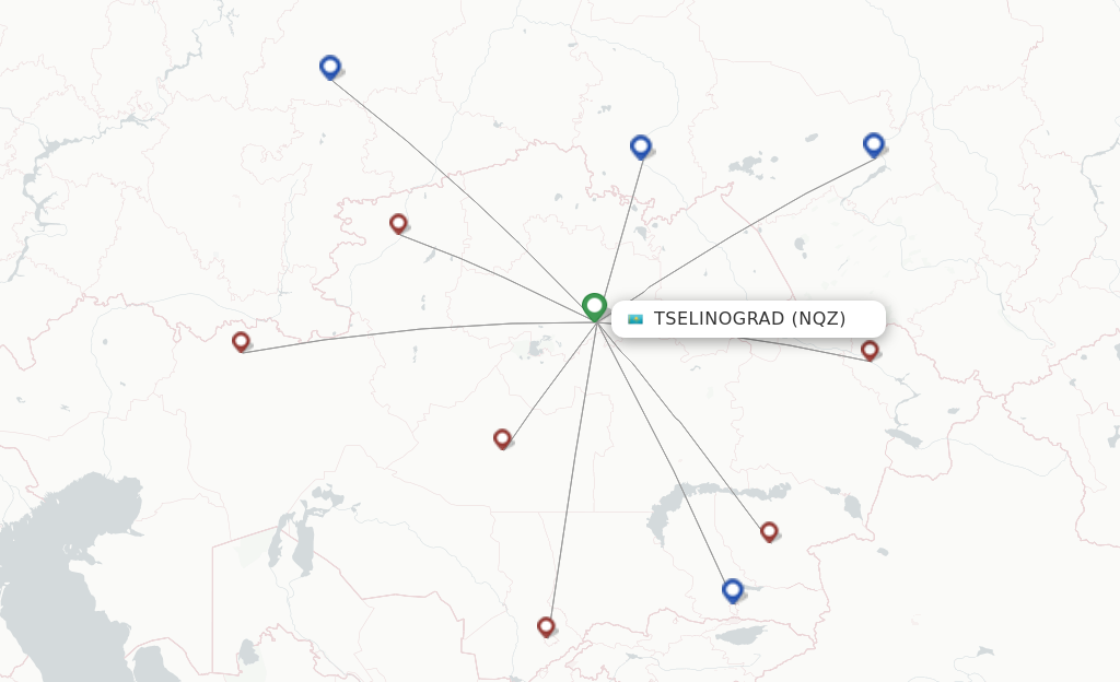 Route map with flights from Astana with Qazaq Air