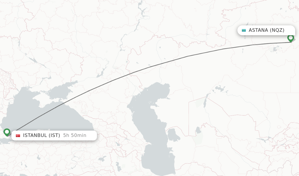 Flights from Astana to Istanbul route map