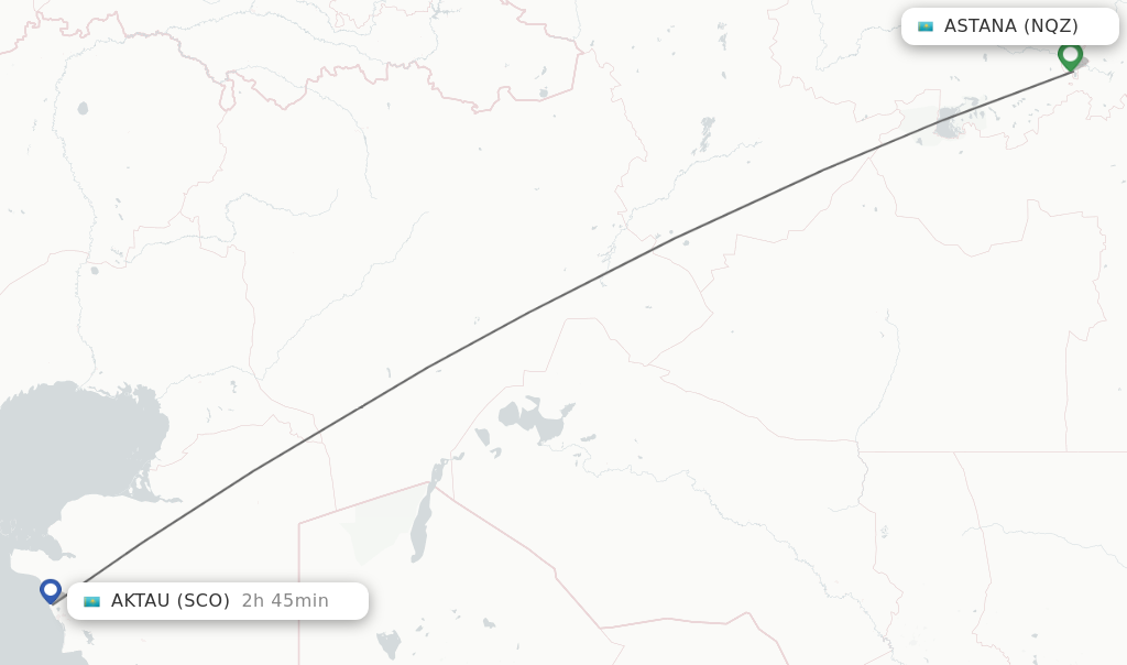 Flights from Astana to Aktau route map