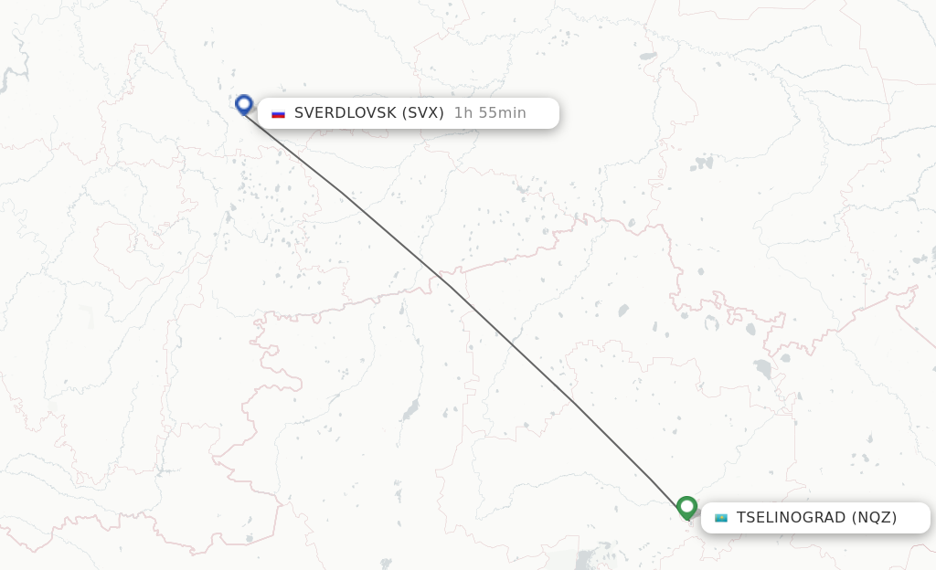 Flights from Astana to Yekaterinburg route map