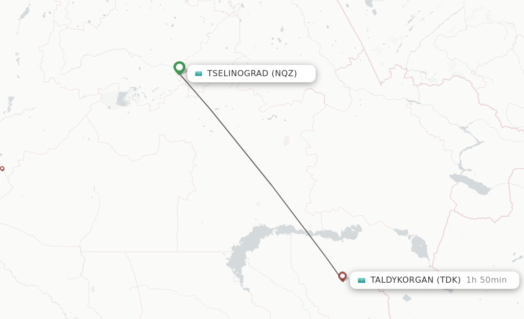 Flights from Astana to Taldykorgan route map