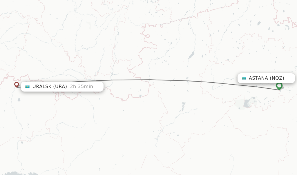 Flights from Astana to Uralsk route map