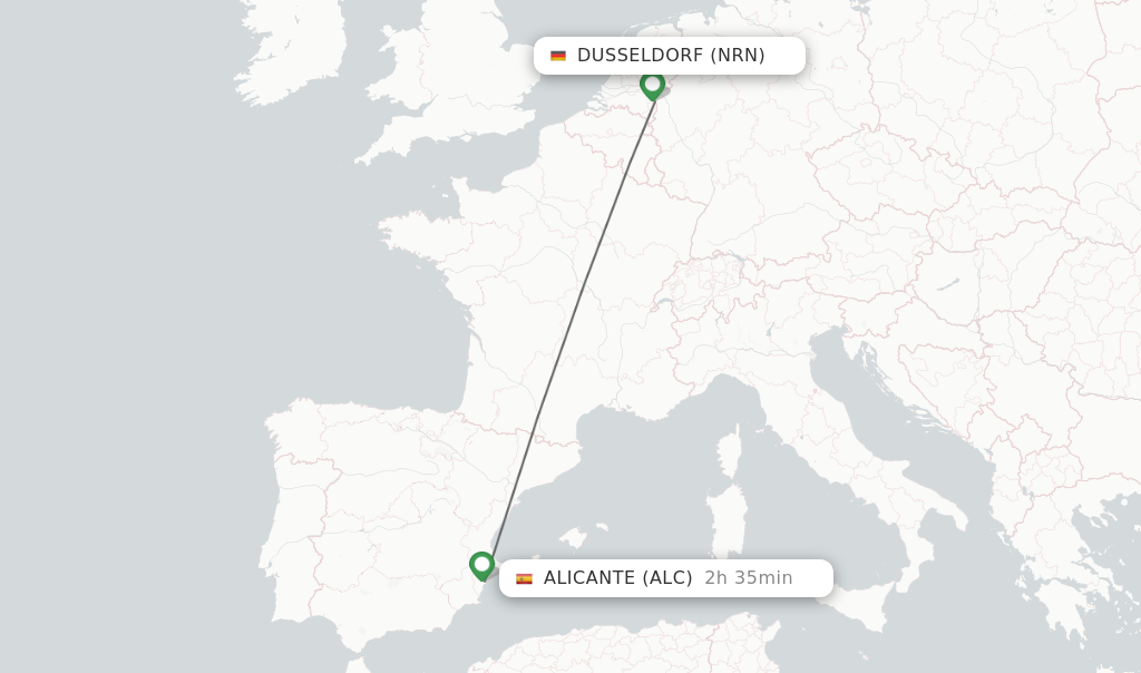 Flights from Dusseldorf to Alicante route map