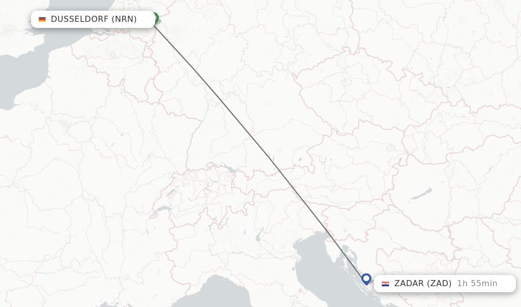 Flights from Dusseldorf to Zadar route map