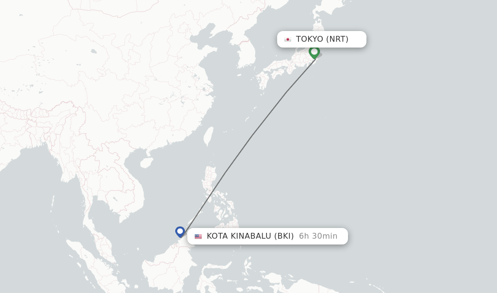 Flights from Tokyo to Kota Kinabalu route map