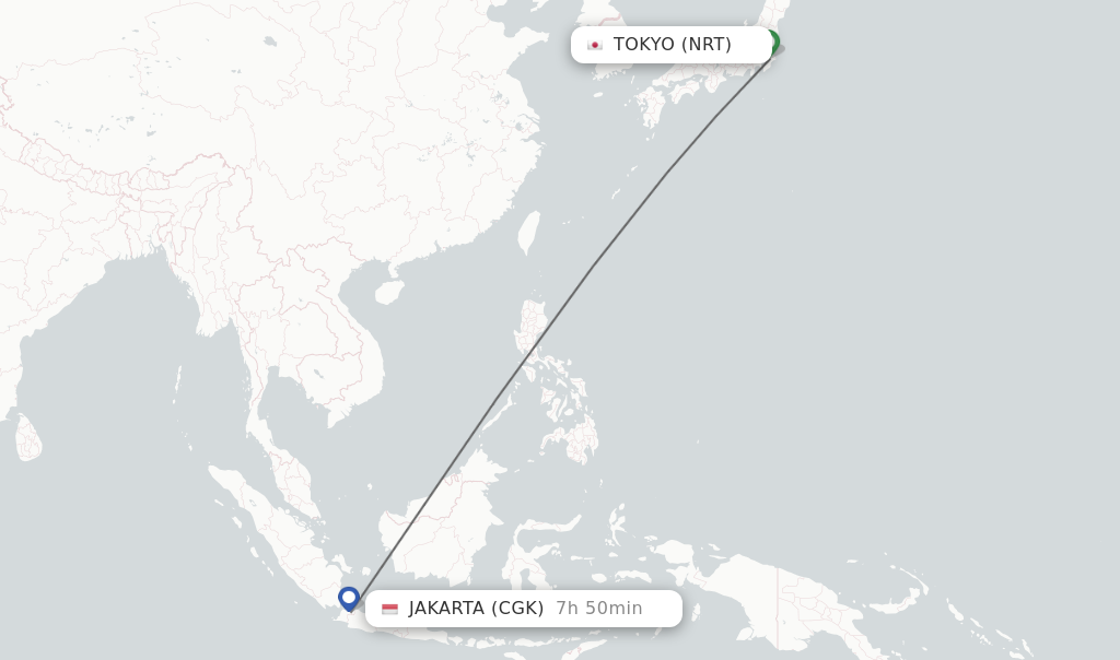 Flights from Tokyo to Jakarta route map