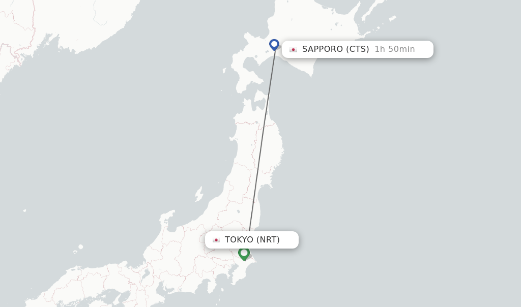 Flights from Tokyo to Sapporo route map
