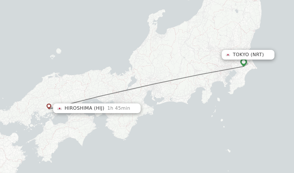Flights from Tokyo to Hiroshima route map