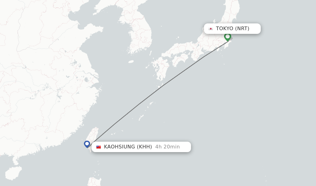 Flights from Tokyo to Kaohsiung route map