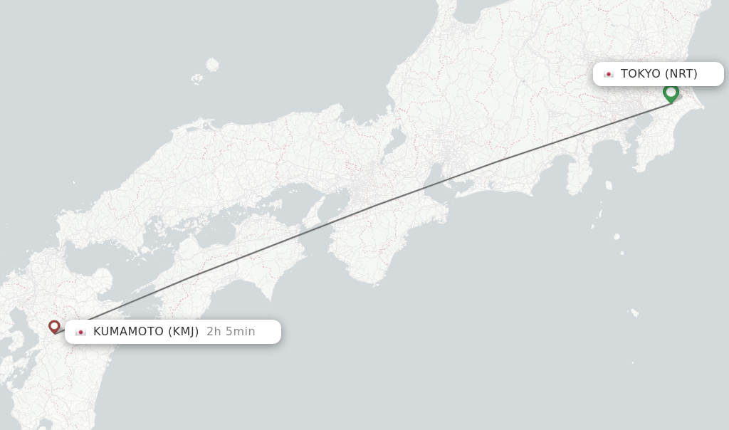Flights from Tokyo to Kumamoto route map