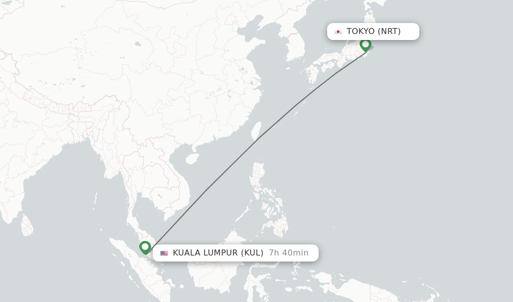 Flights from Tokyo to Kuala Lumpur route map