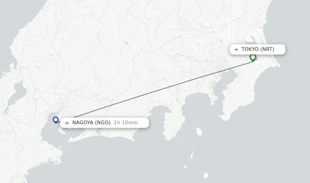 Flights from Tokyo to Nagoya route map