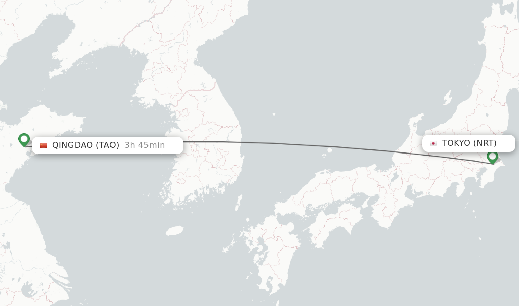 Flights from Tokyo to Qingdao route map
