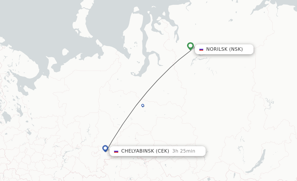 Flights from Noril'sk to Chelyabinsk route map
