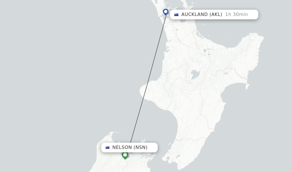 Flights from Nelson to Auckland route map