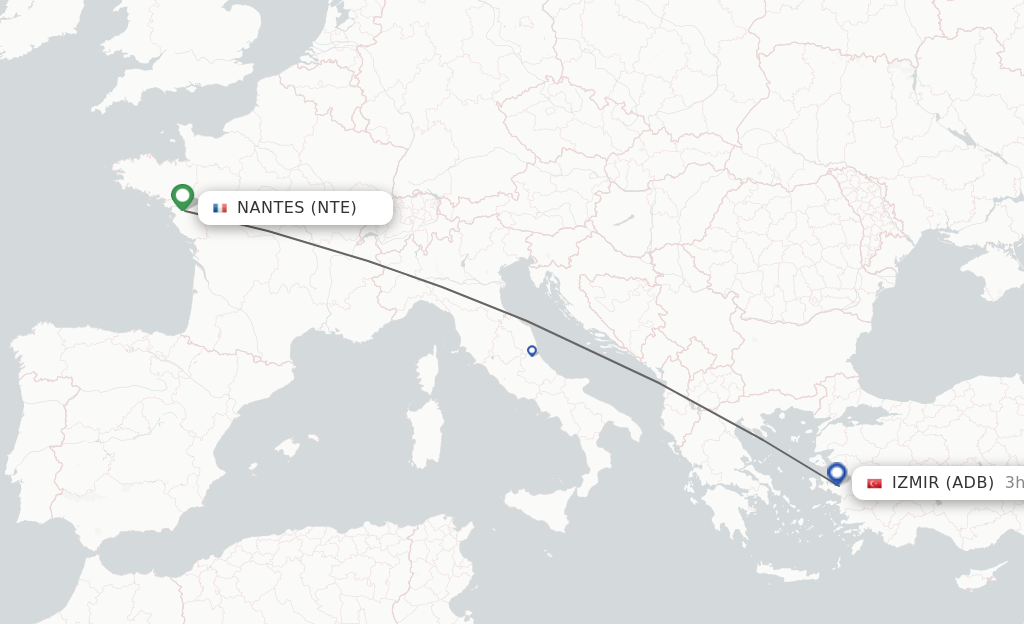 Flights from Nantes to Izmir route map