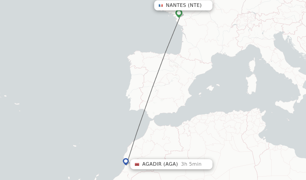 Flights from Nantes to Agadir route map