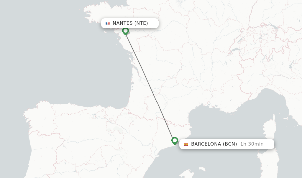 Flights from Nantes to Barcelona route map