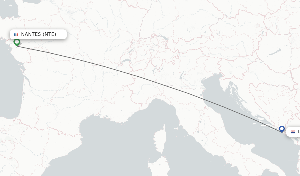 Flights from Nantes to Dubrovnik route map