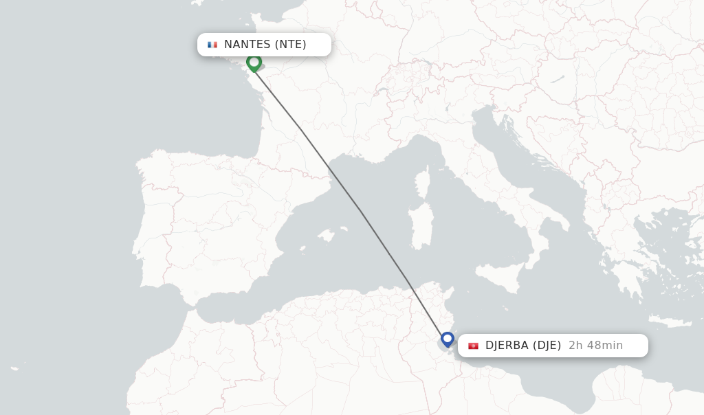 Flights from Nantes to Djerba route map