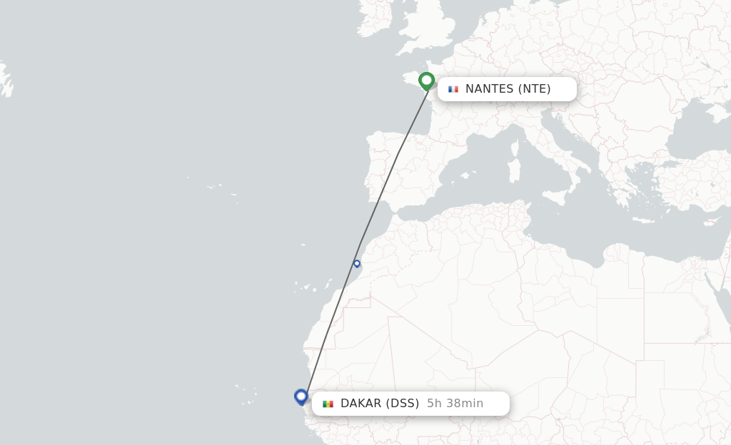 Flights from Nantes to Dakar route map