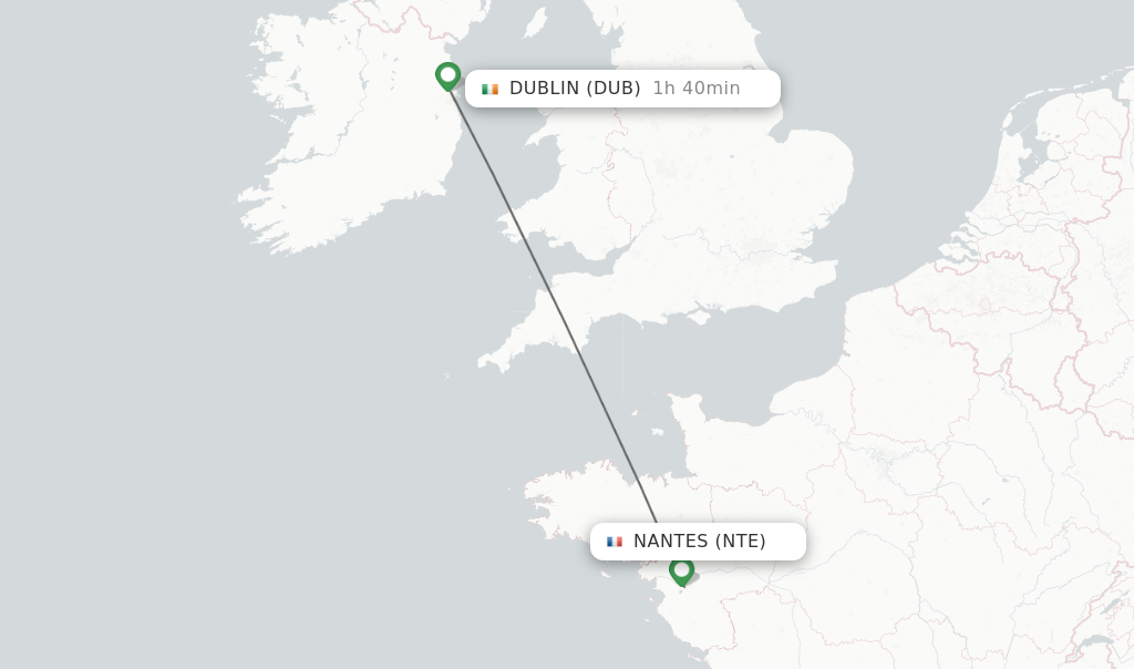 Flights from Nantes to Dublin route map
