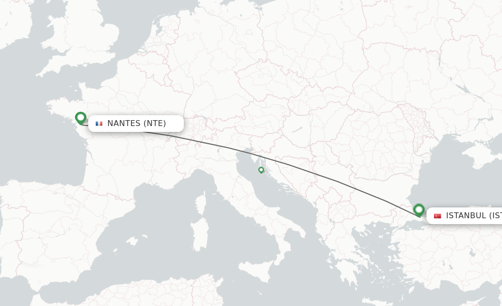 Flights from Nantes to Istanbul route map