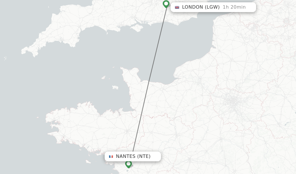 Flights from Nantes to London route map