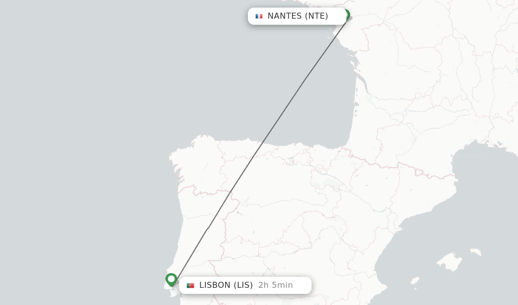Flights from Nantes to Lisbon route map