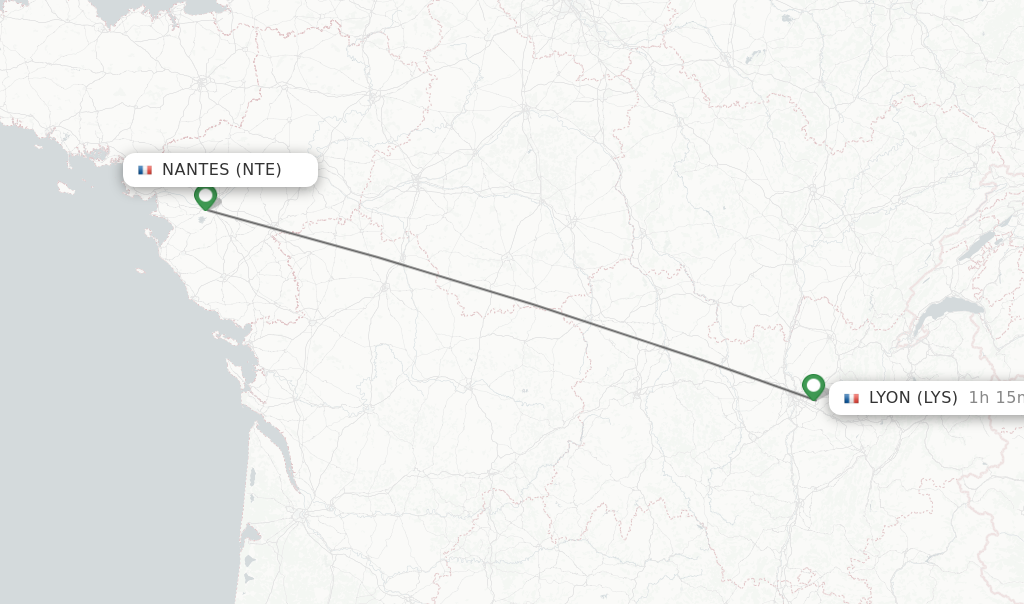 Flights from Nantes to Lyon route map