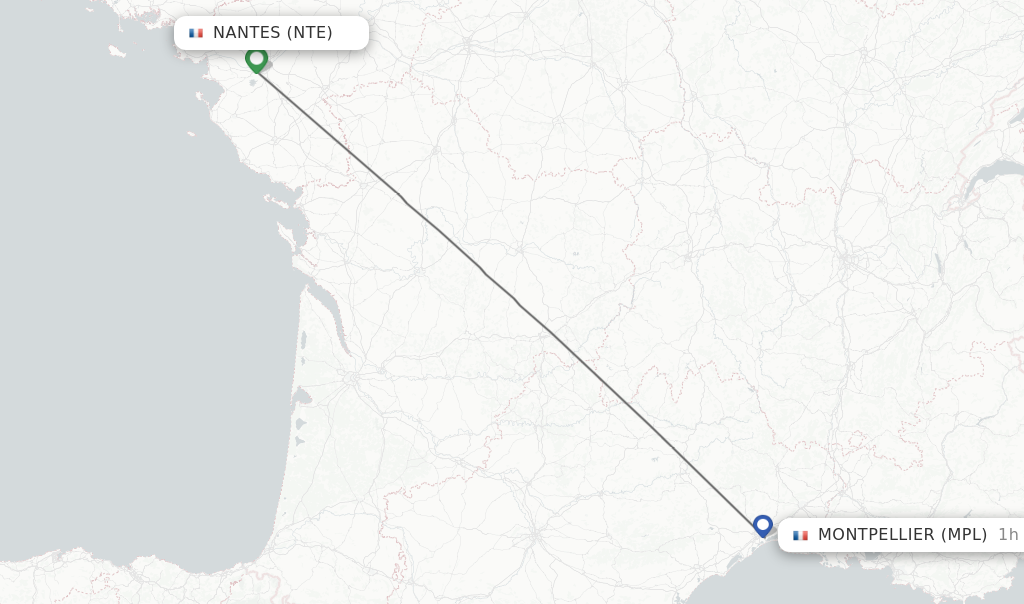 Flights from Nantes to Montpellier route map