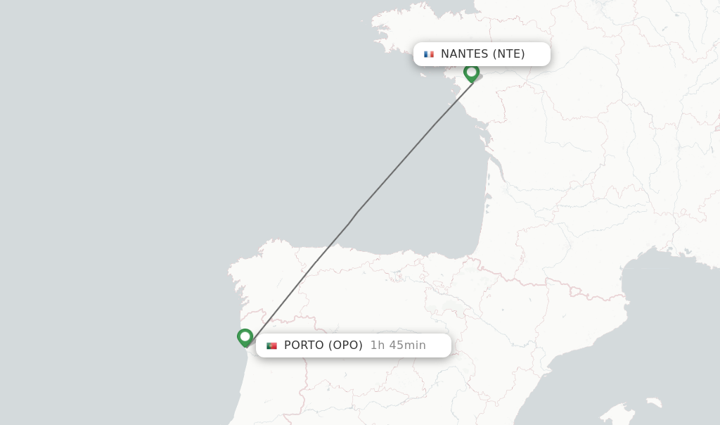 Flights from Nantes to Porto route map