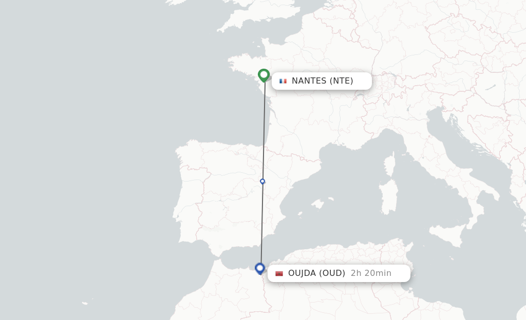 Flights from Nantes to Oujda route map