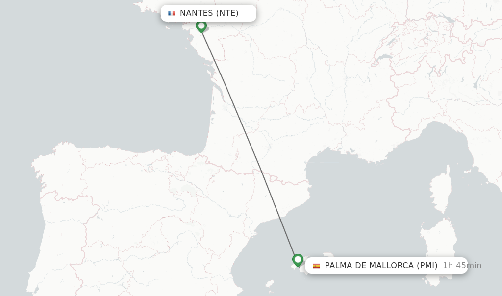 Flights from Nantes to Palma de Mallorca route map
