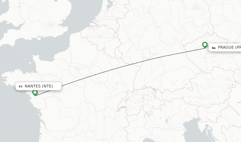 Flights from Nantes to Prague route map