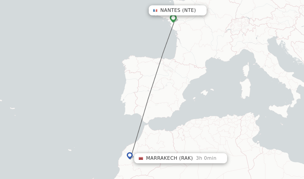 Flights from Nantes to Marrakech route map