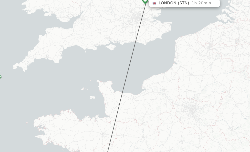 Flights from Nantes to London route map