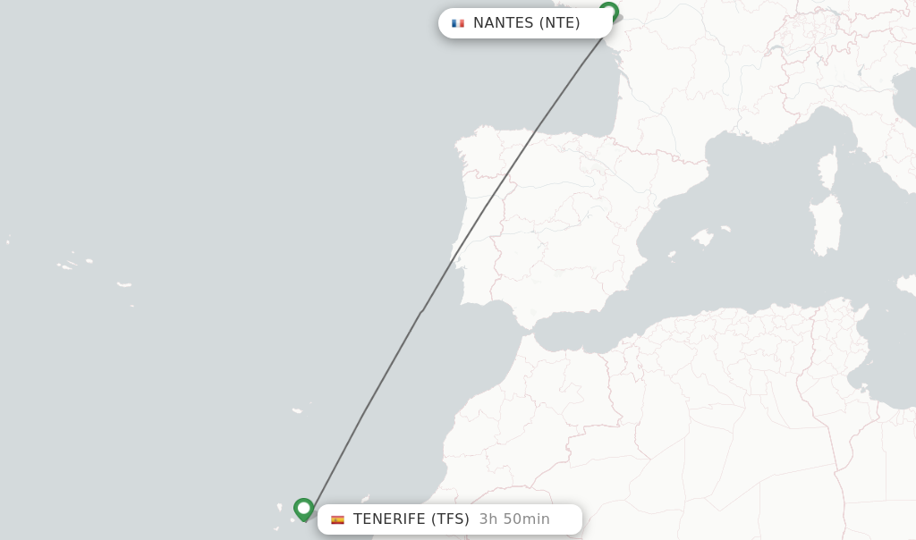 Flights from Nantes to Tenerife route map