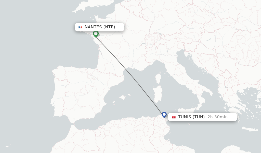 Flights from Nantes to Tunis route map