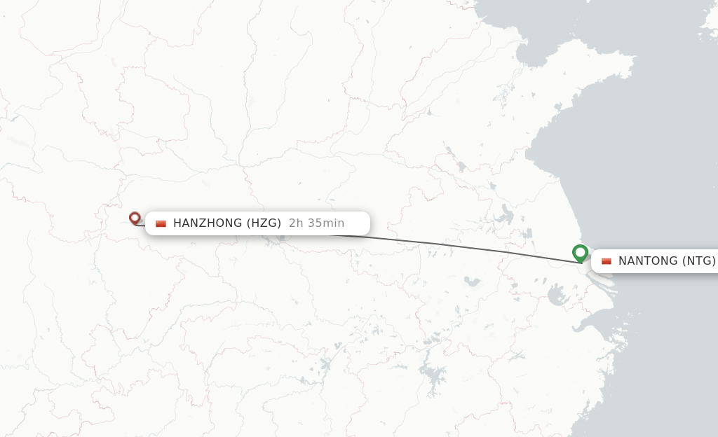 Flights from Nantong to Hanzhong route map