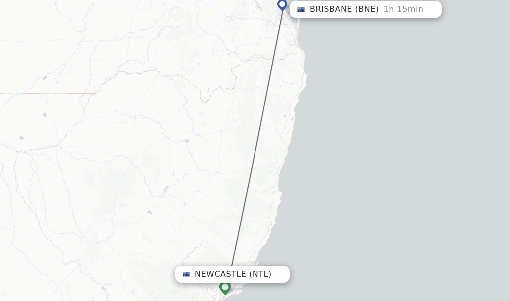 Flights from Newcastle to Brisbane route map