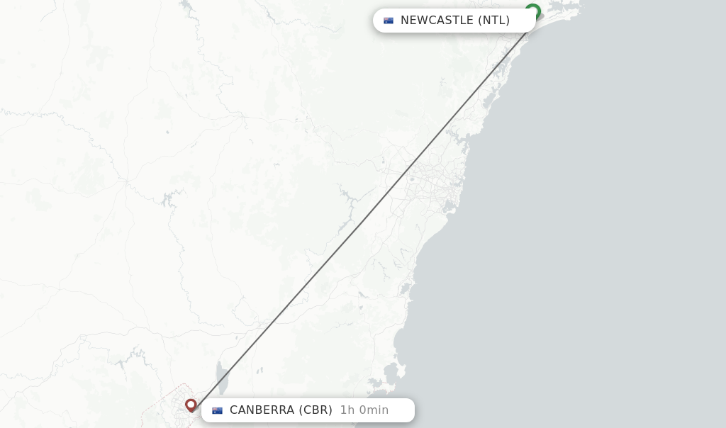 Flights from Newcastle to Canberra route map
