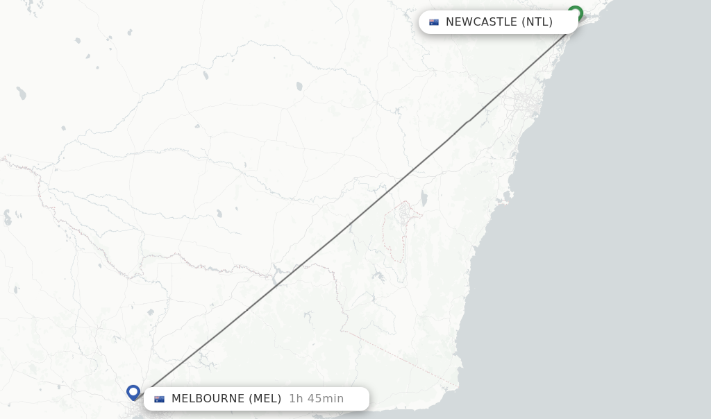 Flights from Newcastle to Melbourne route map