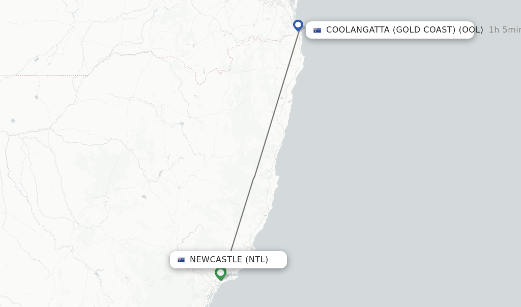 Flights from Newcastle to Coolangatta (Gold Coast) route map