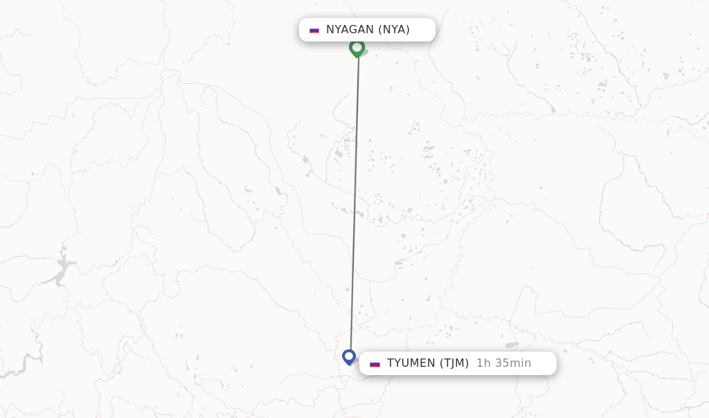 Flights from Nyagan to Tyumen route map