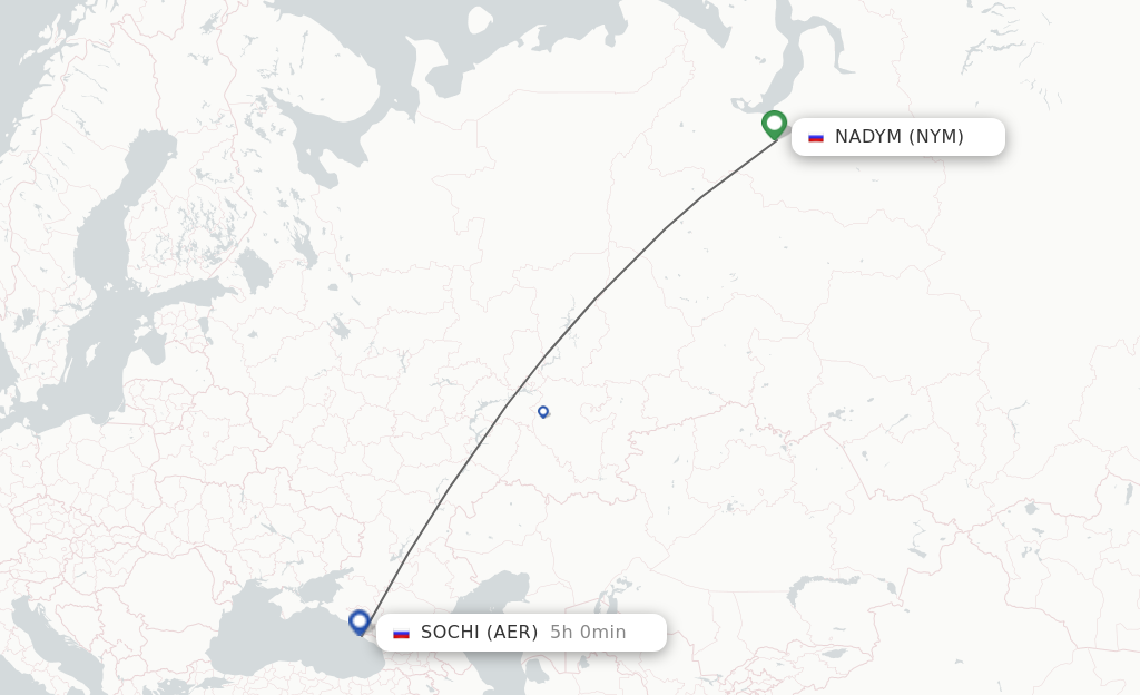 Flights from Nadym to Adler/Sochi route map