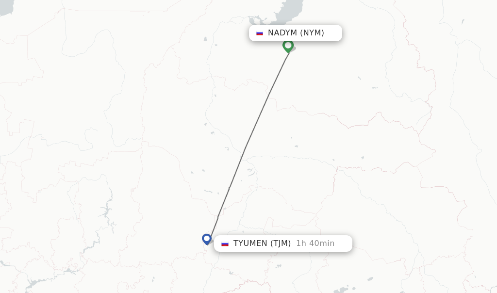 Flights from Nadym to Tyumen route map