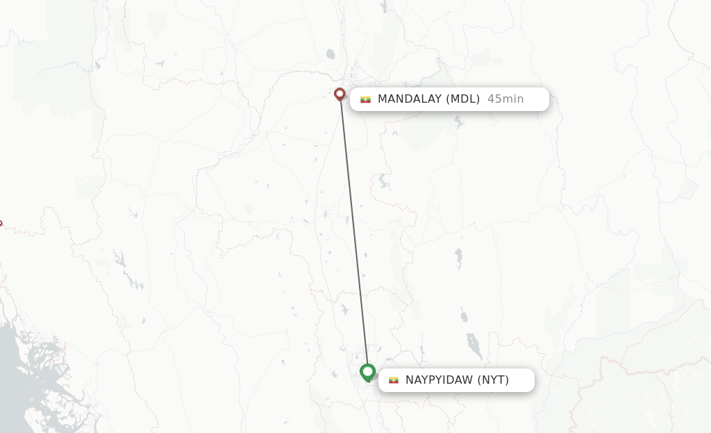 Flights from Naypyidaw to Mandalay route map